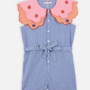 Tinycottons Blue Gingham Romper with Pink and Orange Collar